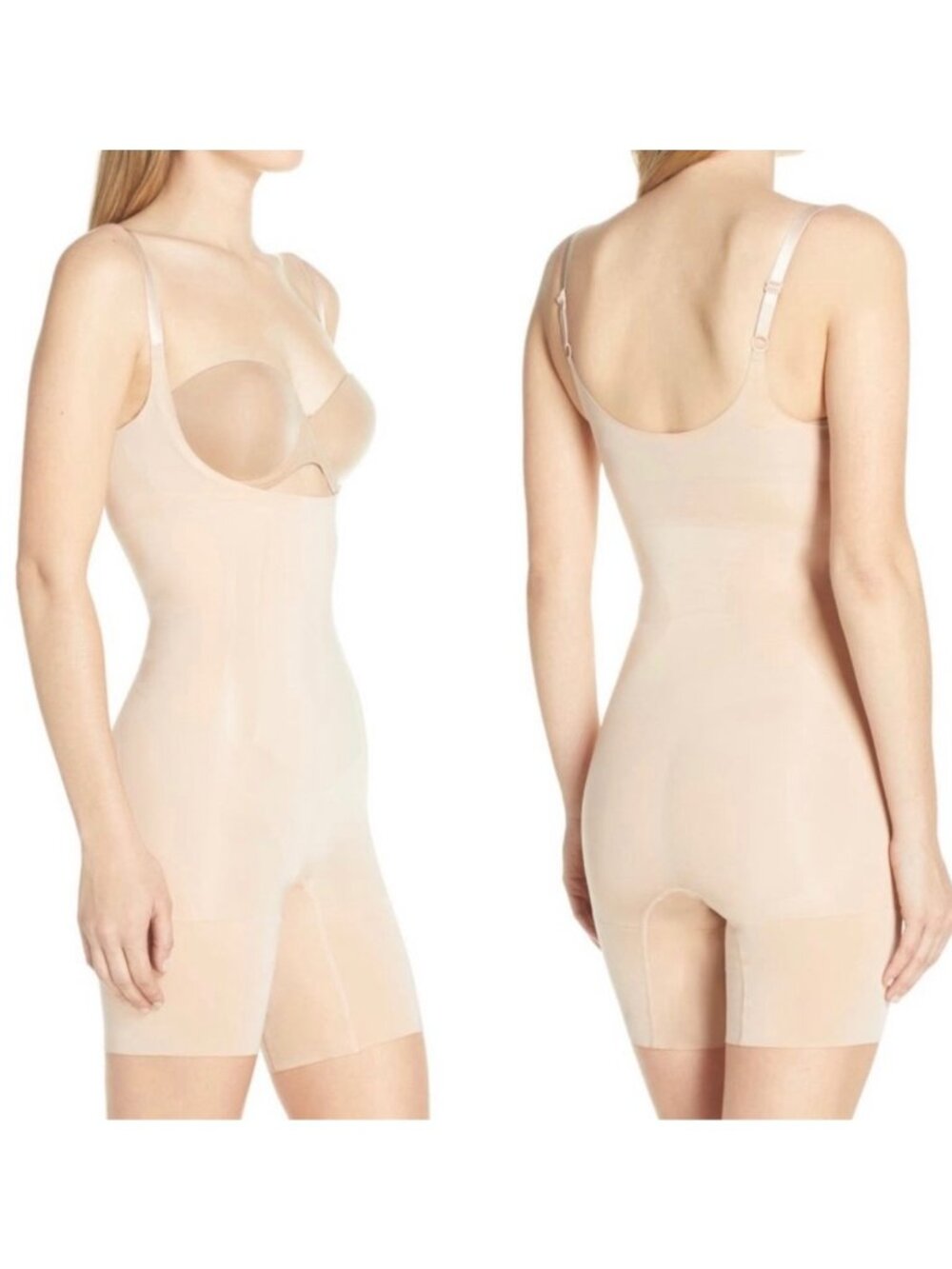 SPANX STAR Beige Open-Bust Mid-Thigh One Piece Bodysuit Women's Shaper Large